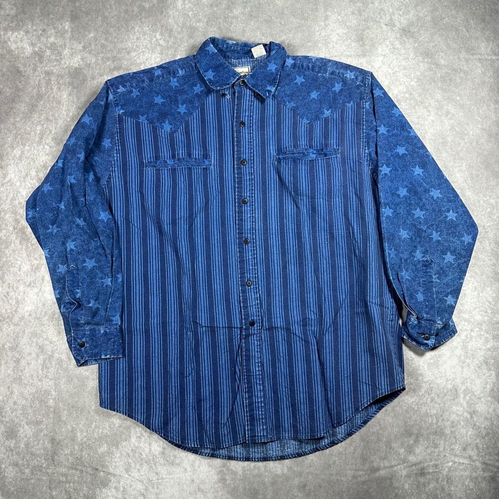 Western Plains Trading Co Mens Blue Stars Stripes Western Button Down Shirt L